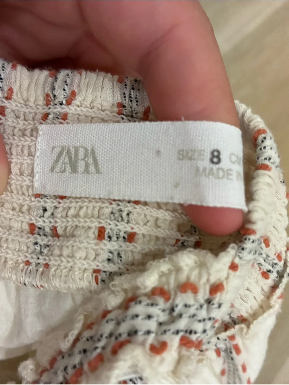 Zara Cream Tiered Eyelet Dress with Red Stripe Accents